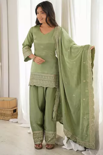 Pista green embroidered kurti with farshi pant and dupatta set
