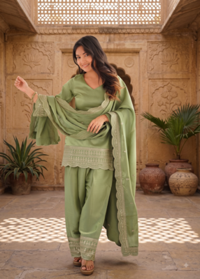 Pista green embroidered kurti with farshi pant and dupatta set 3