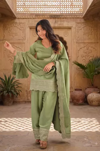 Pista green embroidered kurti with farshi pant and dupatta set