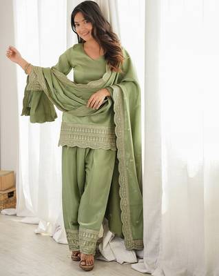 Pista green embroidered kurti with farshi pant and dupatta set 3