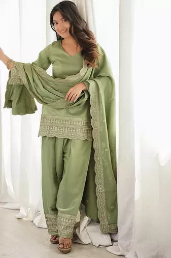 Pista green embroidered kurti with farshi pant and dupatta set