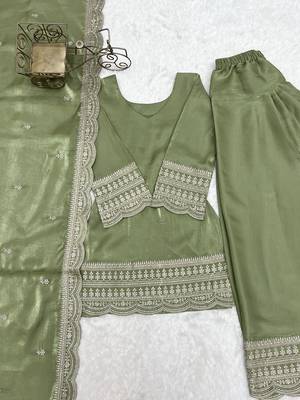 Pista green embroidered kurti with farshi pant and dupatta set 4