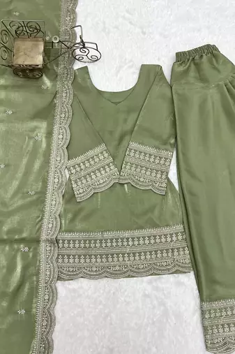 Pista green embroidered kurti with farshi pant and dupatta set