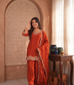 Rust orange embroidered kurti with farshi pant and dupatta set