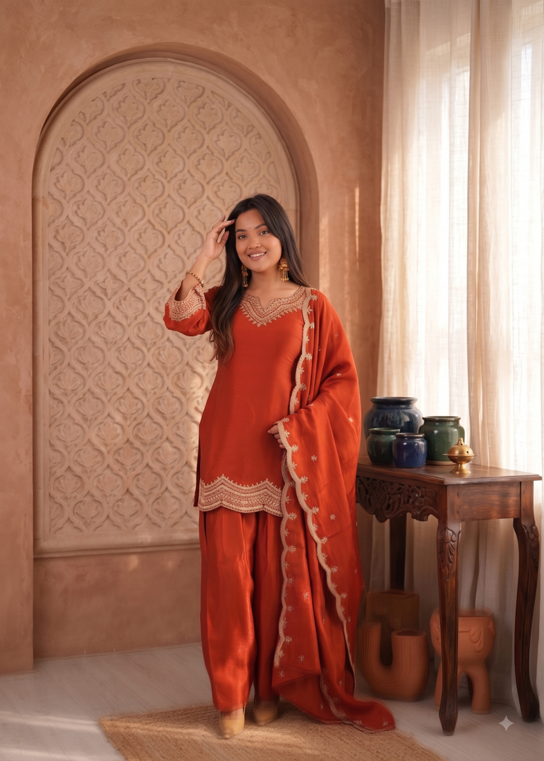 Rust orange embroidered kurti with farshi pant and dupatta set