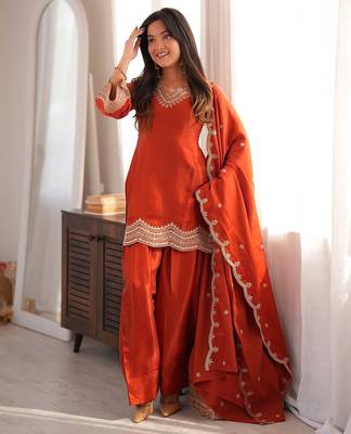 Rust orange embroidered kurti with farshi pant and dupatta set 1