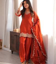 Rust orange embroidered kurti with farshi pant and dupatta set