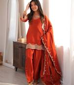 Rust orange embroidered kurti with farshi pant and dupatta set
