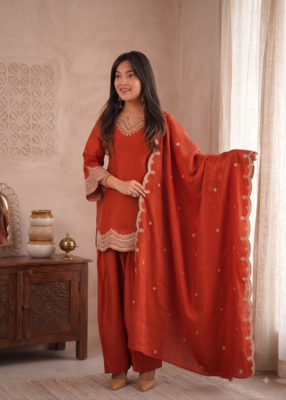 Rust orange embroidered kurti with farshi pant and dupatta set 2
