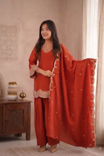 Rust orange embroidered kurti with farshi pant and dupatta set