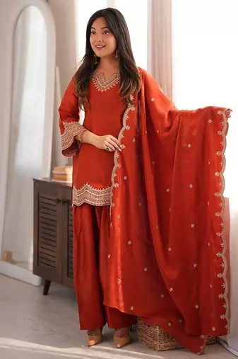 Rust orange embroidered kurti with farshi pant and dupatta set