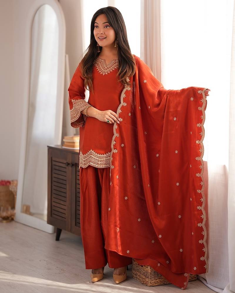Rust orange embroidered kurti with farshi pant and dupatta set