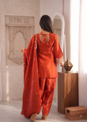 Rust orange embroidered kurti with farshi pant and dupatta set 3