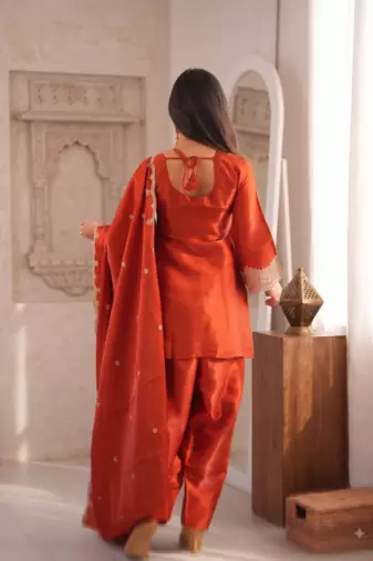 Rust orange embroidered kurti with farshi pant and dupatta set