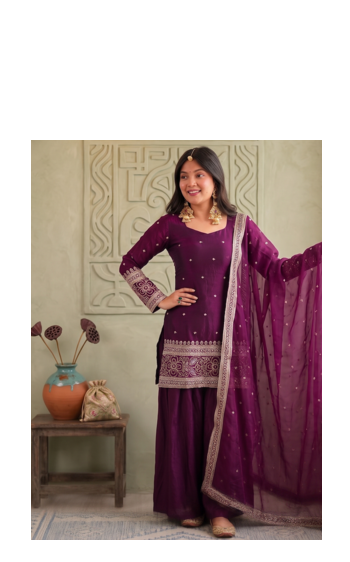 Wine embroidered short kurti with farshi pant and border dupatta set 2