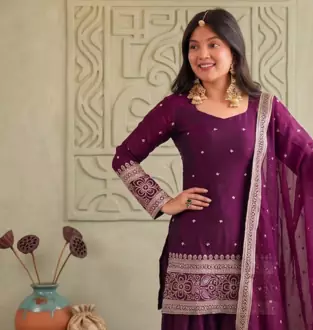 Wine embroidered short kurti with farshi pant and border dupatta set