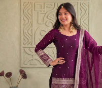 Wine embroidered short kurti with farshi pant and border dupatta set