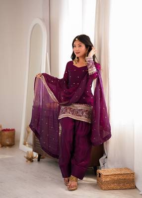 Wine embroidered short kurti with farshi pant and border dupatta set 1