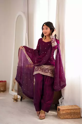 Wine embroidered short kurti with farshi pant and border dupatta set