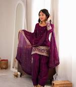 Wine embroidered short kurti with farshi pant and border dupatta set