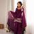 Wine embroidered short kurti with farshi pant and border dupatta set
