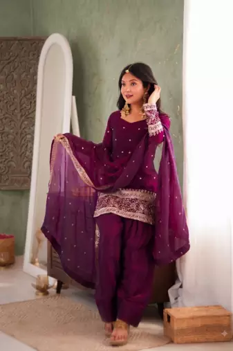 Wine embroidered short kurti with farshi pant and border dupatta set