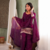 Wine embroidered short kurti with farshi pant and border dupatta set