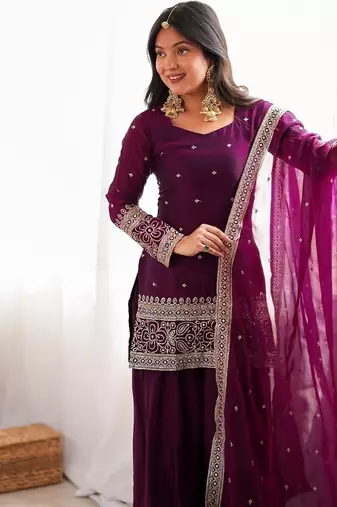 Wine embroidered short kurti with farshi pant and border dupatta set