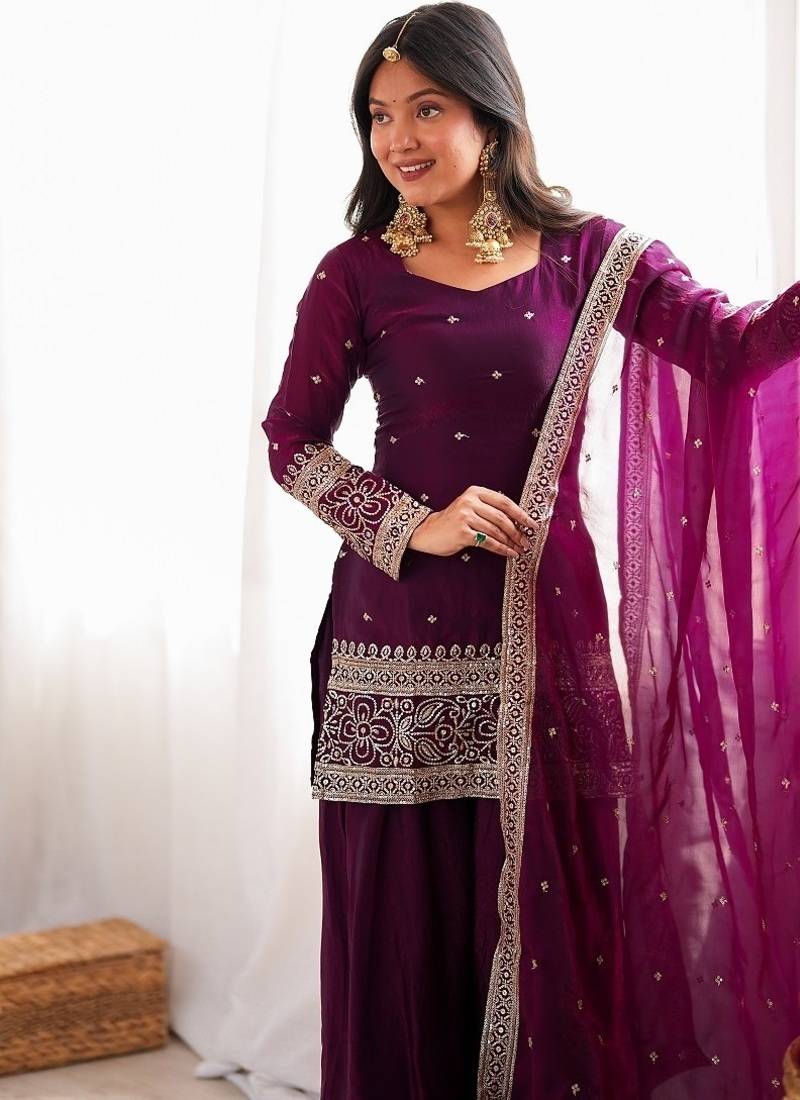 Wine embroidered short kurti with farshi pant and border dupatta set