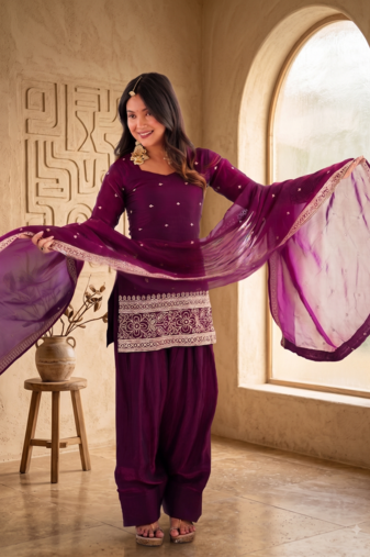 Wine embroidered short kurti with farshi pant and border dupatta set
