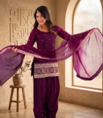 Wine embroidered short kurti with farshi pant and border dupatta set