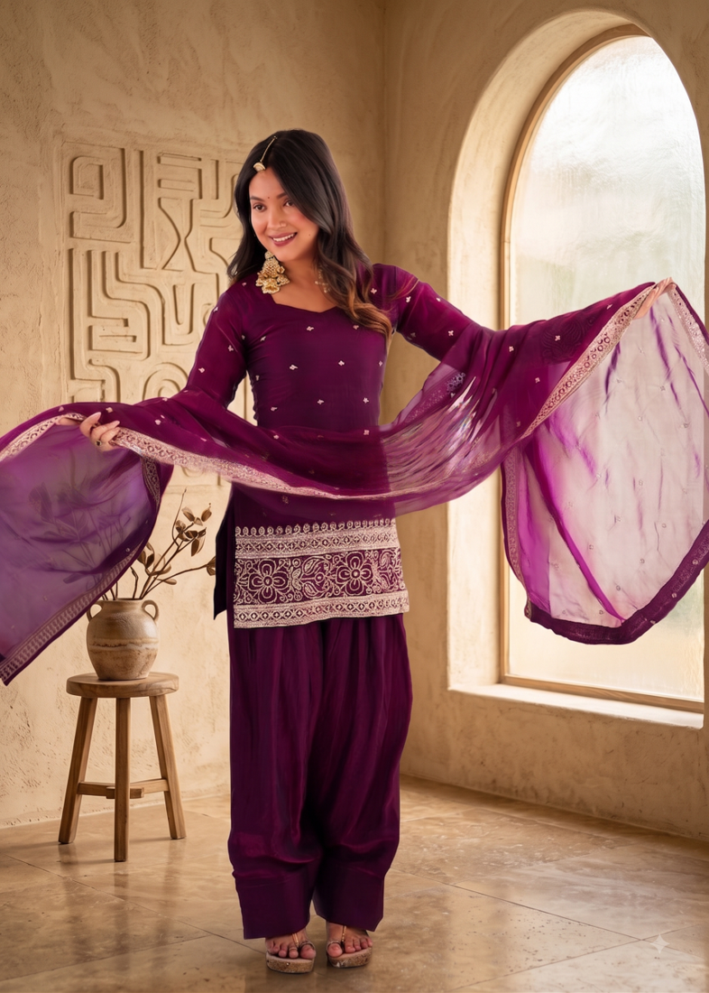 Wine embroidered short kurti with farshi pant and border dupatta set