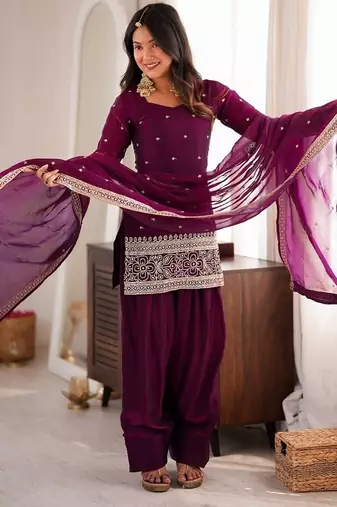 Wine embroidered short kurti with farshi pant and border dupatta set
