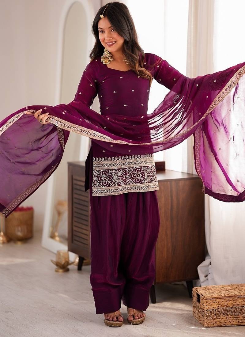 Wine embroidered short kurti with farshi pant and border dupatta set