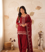 Red silk BLEND  embroidered kurta set with farshi pant suit