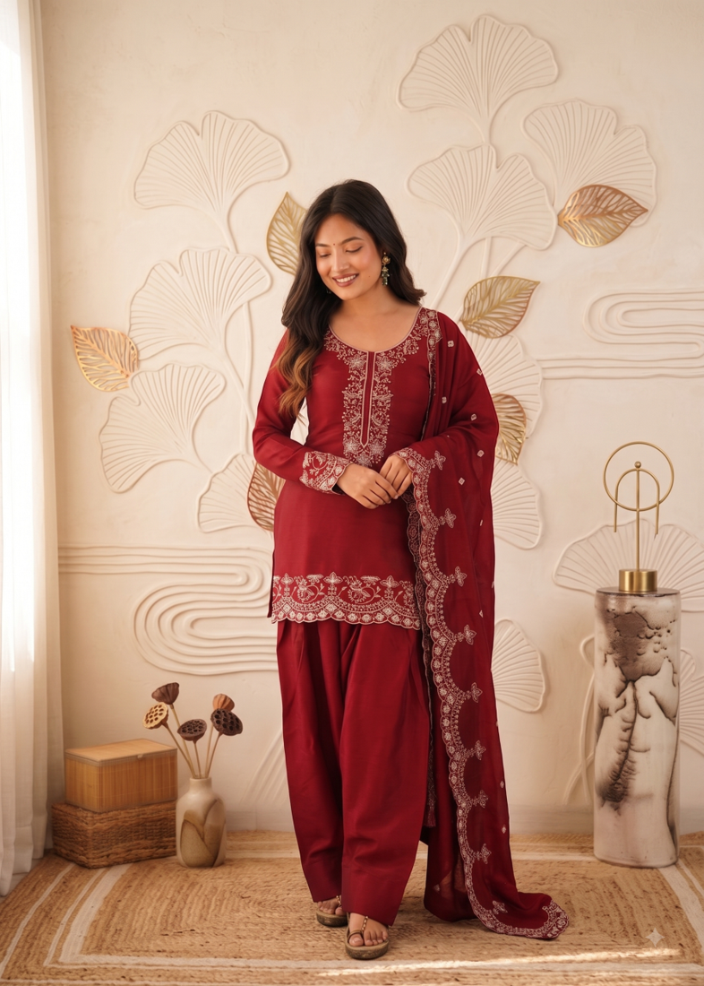 Red silk BLEND  embroidered kurta set with farshi pant suit