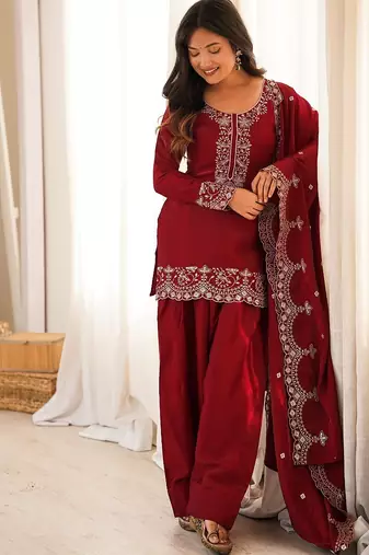 Red silk embroidered kurta set with farshi pant suit