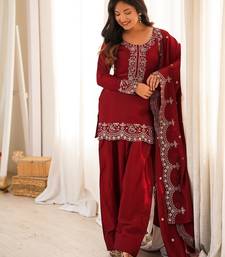 Red silk embroidered kurta set with farshi pant suit