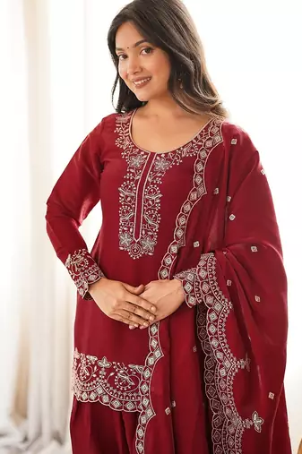 Red silk embroidered kurta set with farshi pant suit