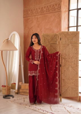 Red silk BLEND  embroidered kurta set with farshi pant suit 3