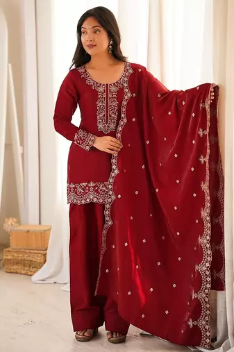 Red silk embroidered kurta set with farshi pant suit