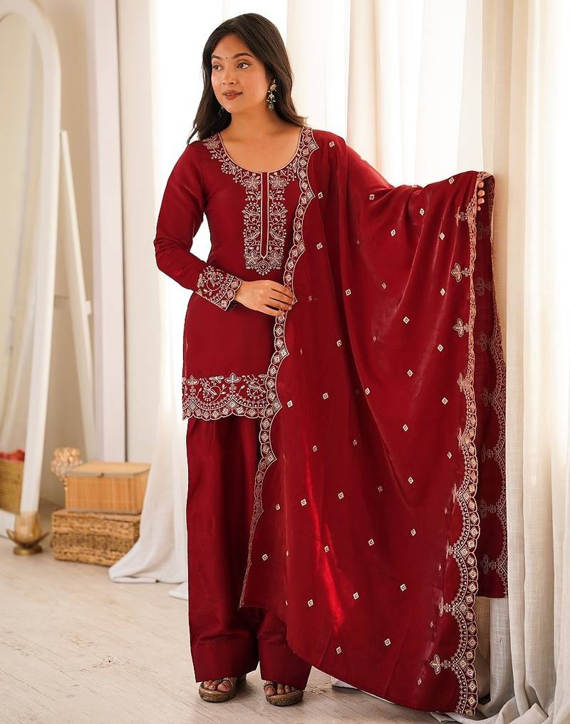Red silk embroidered kurta set with farshi pant suit