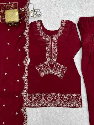 Red silk embroidered kurta set with farshi pant suit 4