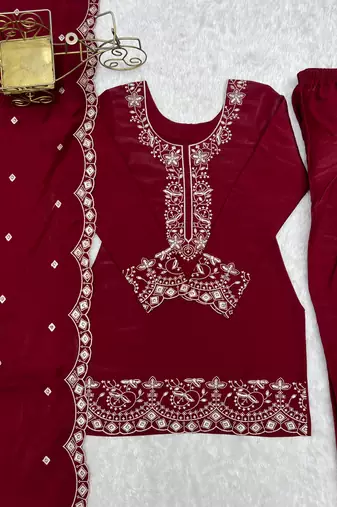 Red silk embroidered kurta set with farshi pant suit