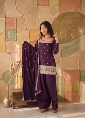 Designer wine embroidered kurti farshi pant set with scalloped dupatta 1