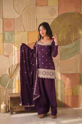 Designer wine embroidered kurti farshi pant set with scalloped dupatta