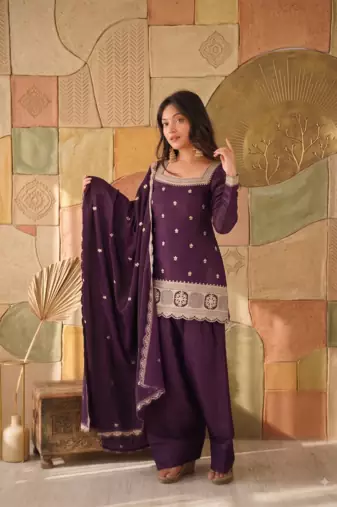 Designer wine embroidered kurti farshi pant set with scalloped dupatta