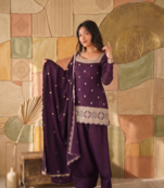 Designer wine embroidered kurti farshi pant set with scalloped dupatta