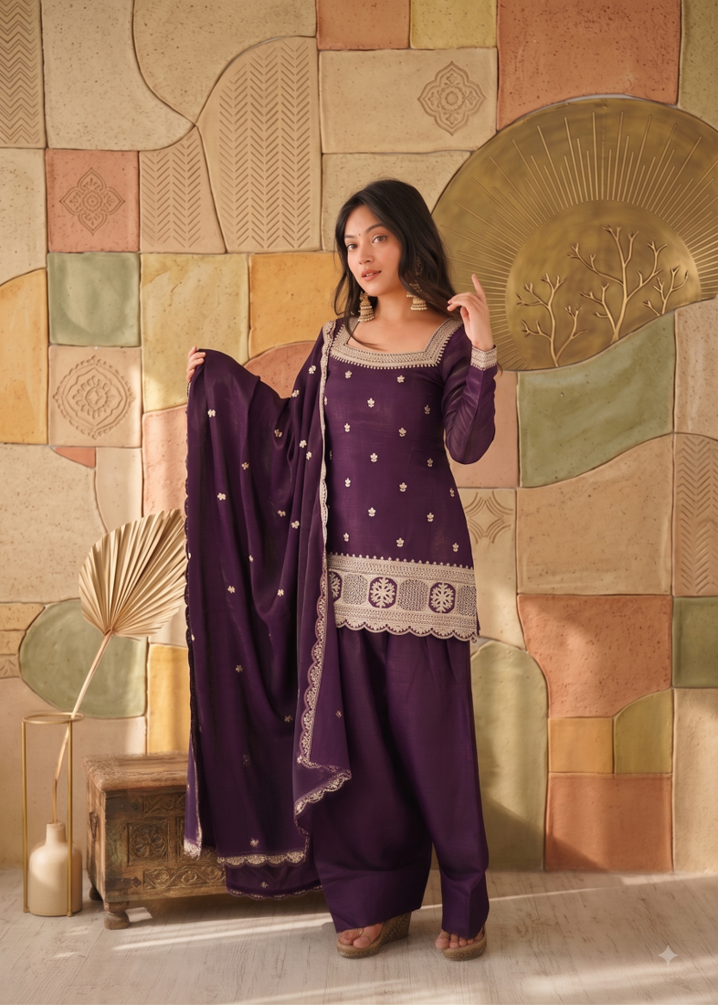 Designer wine embroidered kurti farshi pant set with scalloped dupatta