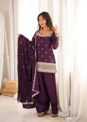 Designer wine embroidered kurti farshi pant set with scalloped dupatta 1